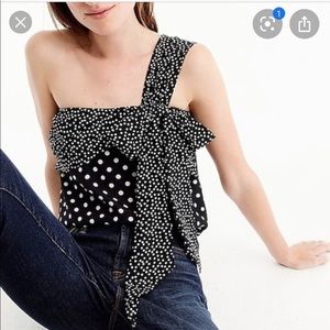 NWT J.Crew Silk One Shoulder Polka Dot Bow Blouse
